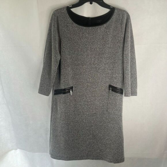 Ann Taylor Gray Tweed Scoop Neck Dress Faux Leather Pocket‎ Trim Womens Medium - Picture 10 of 10